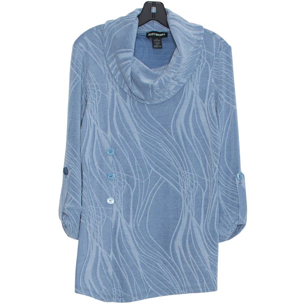 Soft Works Top 3/4 Sleeve Cowl Neck Cottage Romantic Boho Feminine Blue Small